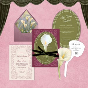 May include: A wedding stationery set featuring a rectangular invitation with ornate borders, a deep red card with a calla lily and black ribbon, a round olive green details card, a calla lily shaped RSVP card, and an envelope with a floral liner.