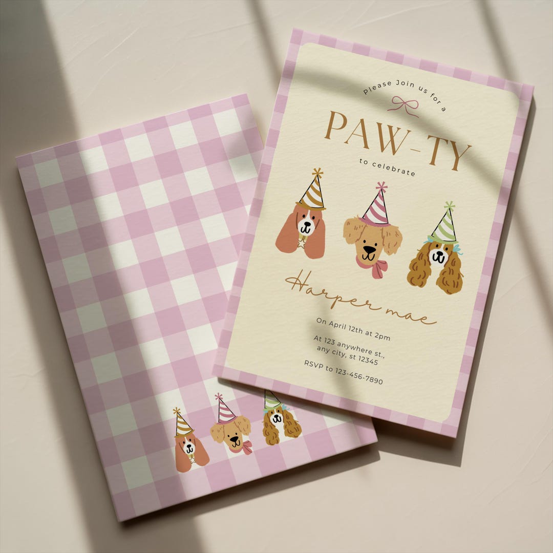 Pink Dog Birthday Invitation Girl Puppy Pawty Invite Dog Theme Party ...