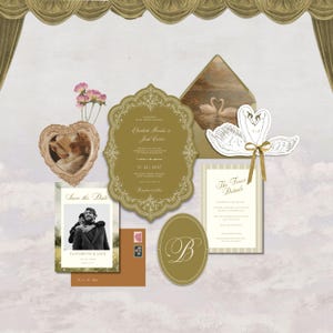 May include: A wedding stationery set featuring a gold scalloped invitation, a Save the Date card with a couple's photo, a Finer Details card, an oval monogram card, a swan-shaped card with a gold ribbon, and an envelope with a swan illustration.