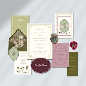 May include: A wedding stationery suite featuring cream, olive green, and mauve cards with gold ornate borders. Includes a ring in a velvet box, a menu, a reply card, and invitations with text detailing the wedding of Amelia Cavendish and Edward Montrose.