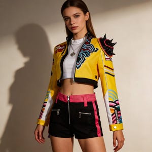 Puede incluir: Chaqueta corta amarilla con ribete negro, diseños coloridos y detalles de hombros con púas negras. La chaqueta se combina con pantalones cortos negros con detalles rosas. La modelo lleva un top blanco y un collar plateado.
