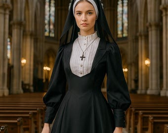 Disfraz de monja medieval, vestido negro con collar de cruz, ropa para cosplay.