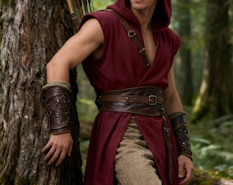 Men's Hooded Cotton Linen Cloak Set, Medieval Forest Archer Costume