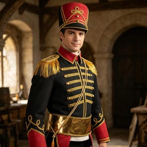 May include: A black military jacket with gold detailing, including trim, buttons, and epaulettes. The jacket features red collar and cuffs. The matching hat is red and black with gold trim. A gold belt completes the outfit.