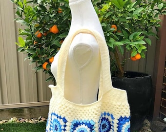Handmade Blue Granny Square Crochet Tote | Coastal Boho Bag