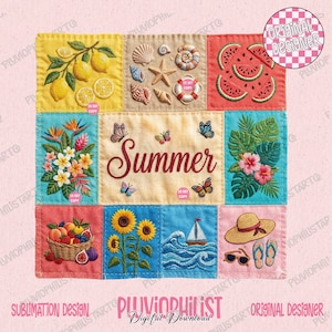Könnte beinhalten: Ein Patchwork-Design mit gestickten Sommermotiven. Die Quadrate zeigen Zitronen, Muscheln, Wassermelonen und Blumen. Das Wort "Summer" ist in der Mitte mit Schmetterlingen gestickt. Ein Strohhut, eine Sonnenbrille und Flip-Flops sind ebenfalls abgebildet.