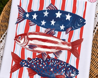 Rayas Pinceladas Pez Patriótico Png, Estrellas y Rayas Diseño de Camiseta del 4 de Julio, Sublimación de Lago de Verano Floral, Rojo Blanco y Azul Png,