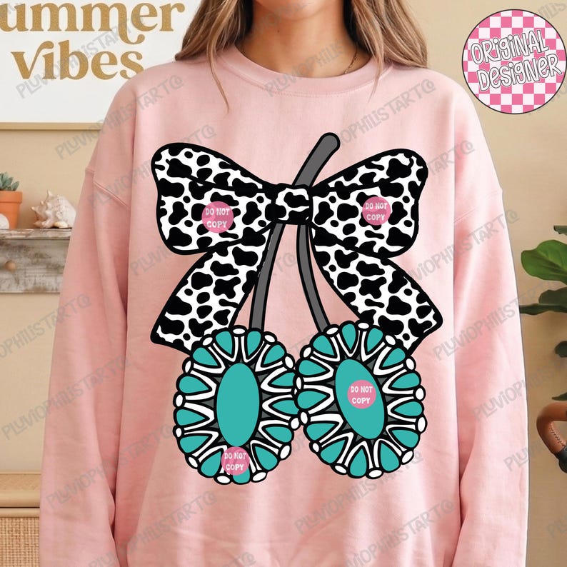 Türkis Western Png, Türkis Jewerly Png, Kirsche Schleife Western Png, Kuh Kokette Western Türkis Png, Girly Western Shirt Design Bild 4