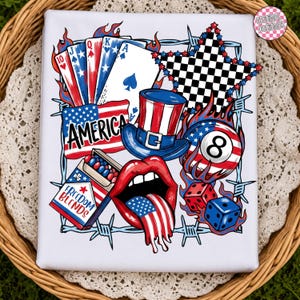 May include: A patriotic graphic design featuring playing cards, a top hat, dice, and an eight ball, all adorned with red, white, and blue colors. The word "AMERICA" is prominently displayed, along with the text "FREEDOM BLENDS".