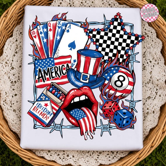 Retro Patriotic Collage PNG, 4th July USA Flag Graphic, 8 Ball Dice Design (Digital File), Checkered Stars America, Brushstroke Memorial Day