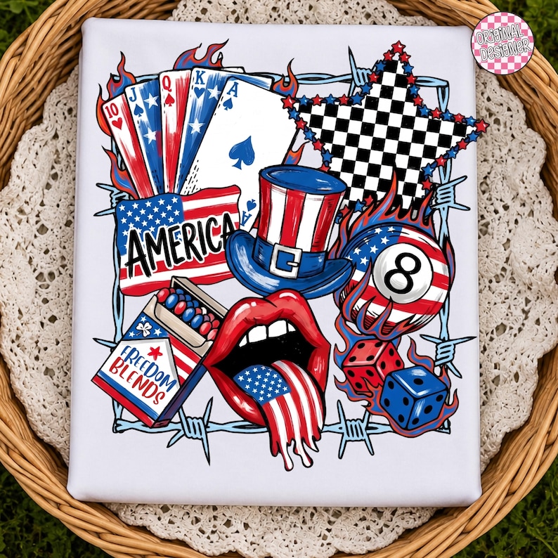 May include: A patriotic graphic design featuring playing cards, a top hat, dice, and an eight ball, all adorned with red, white, and blue colors. The word "AMERICA" is prominently displayed, along with the text "FREEDOM BLENDS".
