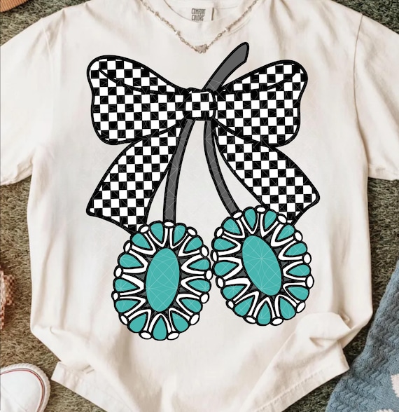 Turquoise Western Png, Turquoise Jewerly Png, Cherry Bow Western Png, Cow Coquette Western Turquoise Png, Girly Western Shirt Design