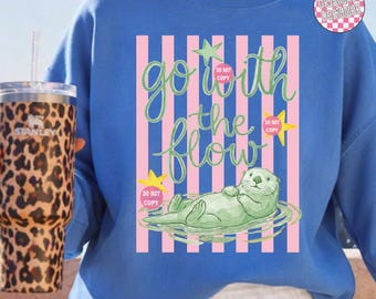 Go With the Flow Otter Png, Stripes Png, Funny Animal Png, Preppy Summer Bay Coastal Png, Digital Design Girly Trendy ORIGINAL DESIGNER