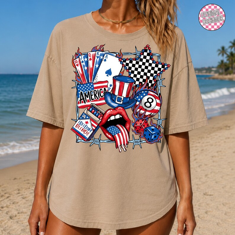 May include: Tan short-sleeved t-shirt with a patriotic graphic. The graphic includes playing cards, a top hat, an eight ball, dice, and a mouth with a flag-themed tongue. The word "AMERICA" is also featured.