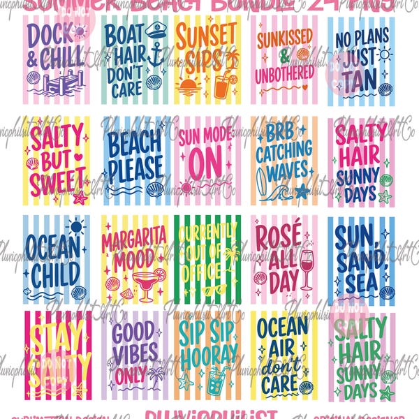 Summer Striped Beach PNG Bundle, Preppy Coastal Bow ,Digital Design Girly Trendy Design Women Summer Bay Coastal Watercolor Trending Stripes