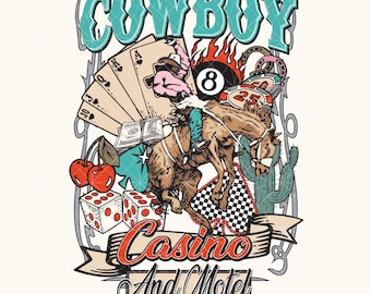 Vintage Western Cowboy Casino PNG, Retro Motel Art (Digital Download)