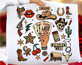 Zestaw grafik w stylu western, kowbojki (pliki PNG do pobrania w wersji cyfrowej)