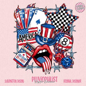May include: A patriotic sublimation design featuring playing cards, a top hat, a star, dice, and a billiard ball with the number 8. The design includes the American flag, flames, and the word "AMERICA".