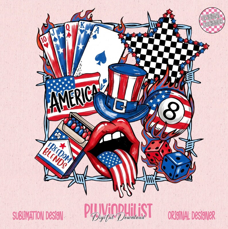 May include: A patriotic sublimation design featuring playing cards, a top hat, a star, dice, and a billiard ball with the number 8. The design includes the American flag, flames, and the word "AMERICA".