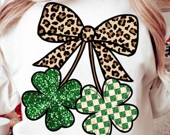 Coquette Lucky Charm Png, St Patrick day leopard Coquette Bow Sublimaton Design