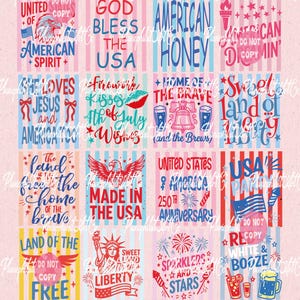 Puede incluir: Un conjunto de dise&ntilde;os digitales patri&oacute;ticos en rojo, blanco y azul. Los dise&ntilde;os incluyen textos como "American Honey", "Home of the Brave" y "Liberty", junto con ilustraciones de &aacute;guilas, banderas y fuegos artificiales.