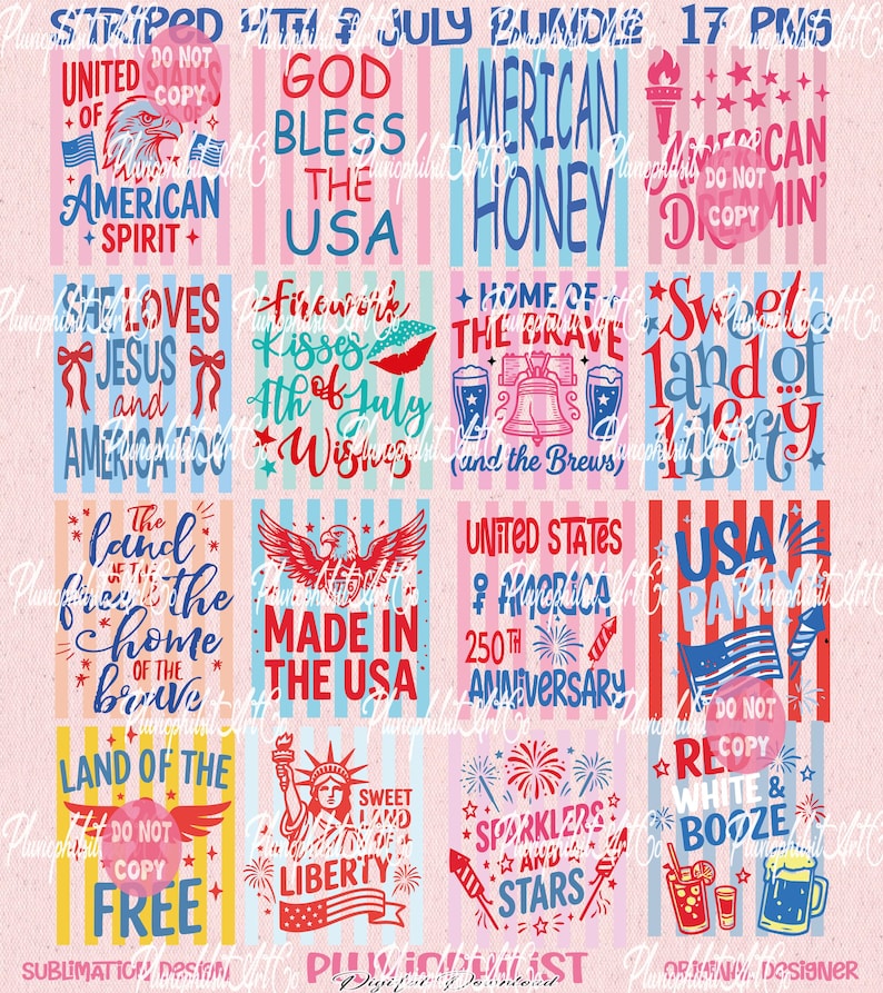 Puede incluir: Un conjunto de dise&ntilde;os digitales patri&oacute;ticos en rojo, blanco y azul. Los dise&ntilde;os incluyen textos como "American Honey", "Home of the Brave" y "Liberty", junto con ilustraciones de &aacute;guilas, banderas y fuegos artificiales.