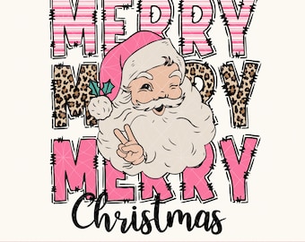 レトロなヒョウ柄のサンタクロース PNG、ピンクのクリスマス（デジタルダウンロード）