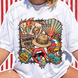 May include: White t-shirt with a colorful graphic design featuring a fedora, playing cards, a seashell, dice, and the words "Summer Vibes" and "Island Matrike". The design includes flames and barbed wire.