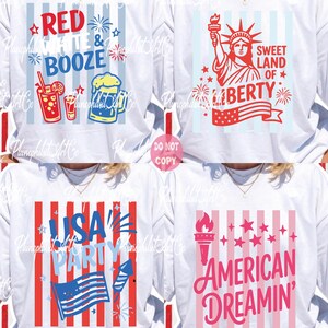 Puede incluir: Camisetas blancas de manga larga con dise&ntilde;os patri&oacute;ticos. Una camiseta presenta "Red, White & Booze" con ilustraciones de bebidas. Otra muestra la Estatua de la Libertad con "Sweet Land of Liberty". La tercera dice "USA Party" con una bandera y fuegos artificiales, y la &uacute;ltima dice "American Dreamin'" con una antorcha y estrellas.