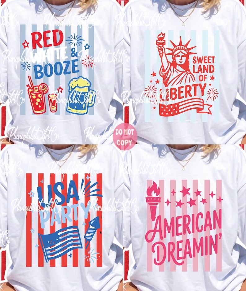 Puede incluir: Camisetas blancas de manga larga con dise&ntilde;os patri&oacute;ticos. Una camiseta presenta "Red, White & Booze" con ilustraciones de bebidas. Otra muestra la Estatua de la Libertad con "Sweet Land of Liberty". La tercera dice "USA Party" con una bandera y fuegos artificiales, y la &uacute;ltima dice "American Dreamin'" con una antorcha y estrellas.