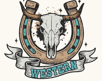 Turquoise Western Cow Skull Png, Retro Shirt Design (Digital Download)