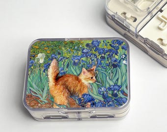 Van Gogh Irises and Cat Pill Box With Pill Cutter - Storing Cutting Pills