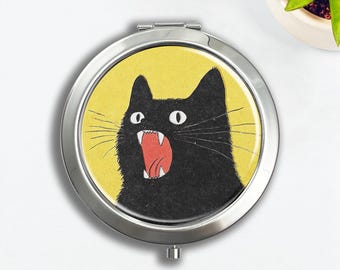 Pastillero/espejo de maquillaje vintage con forma de gato vicioso: Caja de almacenamiento de vitaminas para viajes