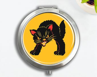 Pastillero/Espejo de maquillaje vintage retro con diseño de gato negro asustadizo: Caja de almacenamiento de vitaminas para viajes