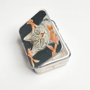 May include: A clear, rectangular pill box with a hinged lid. The lid features a graphic of a grey tabby cat with green eyes surrounded by orange goldfish against a black background. The box is open.