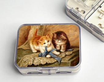 Pastillero portátil con diseño de gato vintage: para guardar y cortar pastillas