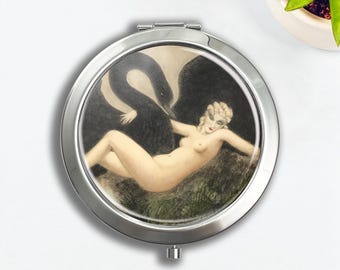 Leda and the Swan Pill Box/Makeup Mirror: Vintage Art Travel Medicine Storage