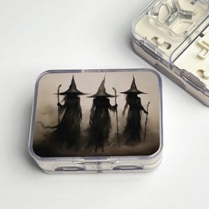 Goth Vintage Witch Portable Pill Box With Pill Cutter - For Storing And Cutting Pills