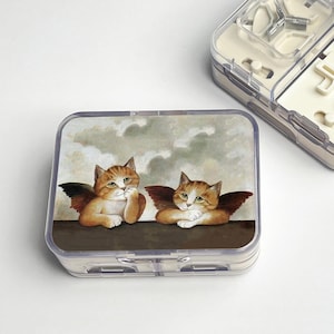 Pode incluir: Um organizador de comprimidos de plástico transparente com uma imagem decorativa de dois gatos tigrados laranja e brancos com asas de anjo. Os gatos são retratados em um estilo de arte clássico, em um fundo de céu nublado.