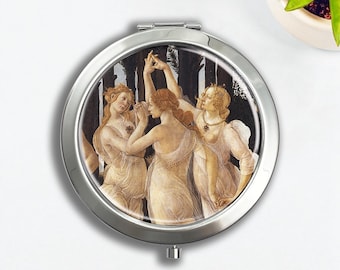 Sandro Botticelli, The Primavera, Silver Pill Box/Makeup Mirror: Vintage Art Travel Vitamin Medicine Storage