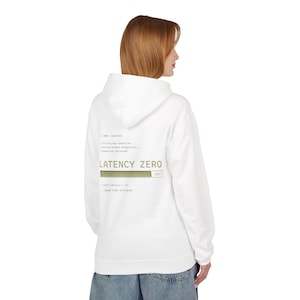 May include: White hoodie with the text "LATENCY ZERO" and a progress bar graphic on the back. The hoodie also features additional text related to network diagnostics. The model is wearing blue jeans.