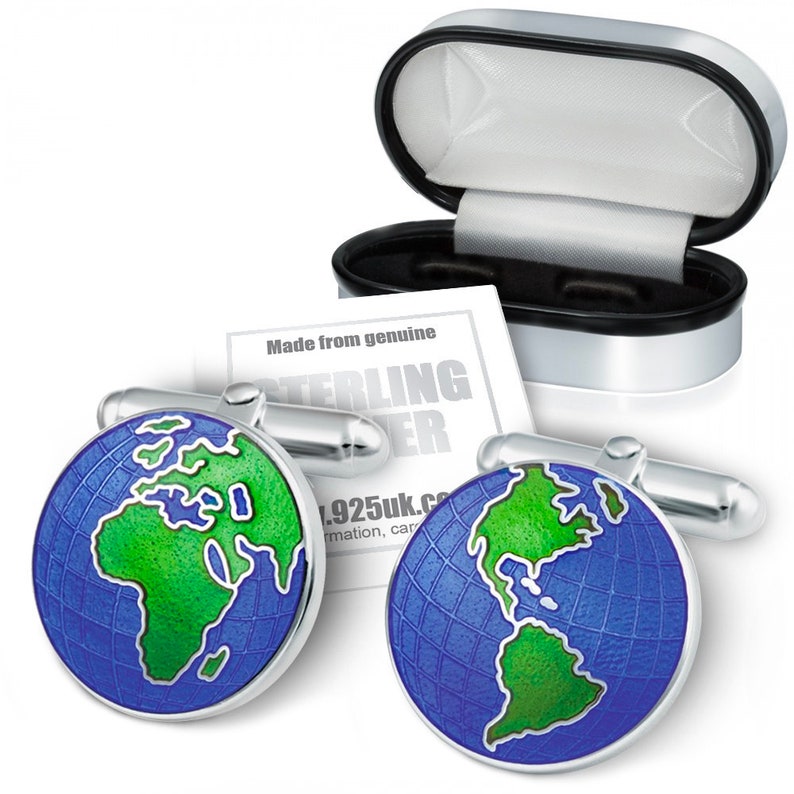 Colour Enamel /& 925 Sterling Silver Globe Cufflinks Personalised World Map Europe America Traveller Asia
