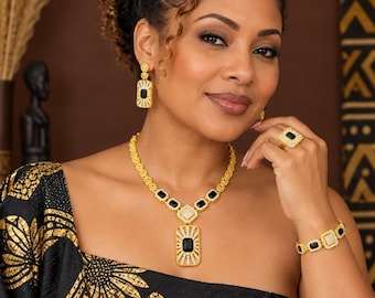 4-Piece African Jewelry Set in Black and Gold, Necklace, Earrings, Bracelet and Ring, Wedding Gift