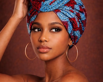 Ankara Headwrap Scarf – Blue and red, African Print Turban – Lightweight Hair Wrap