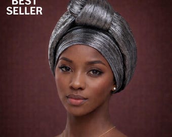 Błyszczący srebrny turban wiązany dla kobiet – ślubna opaska na głowę – wstępnie zawiązana afrykańska chusta na głowę 56–58 cm