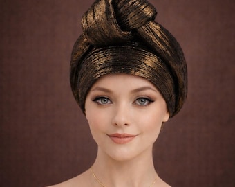 Shiny Brown Knotted Turban for Women – Wedding Headtie – Pre Tied African Head Wrap 56–58cm