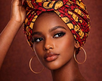 Ankara Headwrap Scarf –Red & Yellow, African Print Turban – Lightweight Hair Wrap
