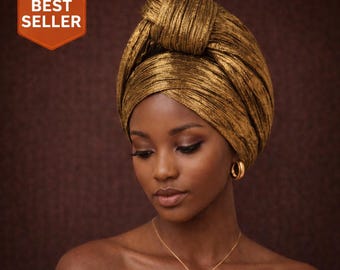女性用光沢のあるゴールドの結び目付きターバン - ウェディングヘッドタイ - 結び目付きアフリカンヘッドラップ 56～58cm