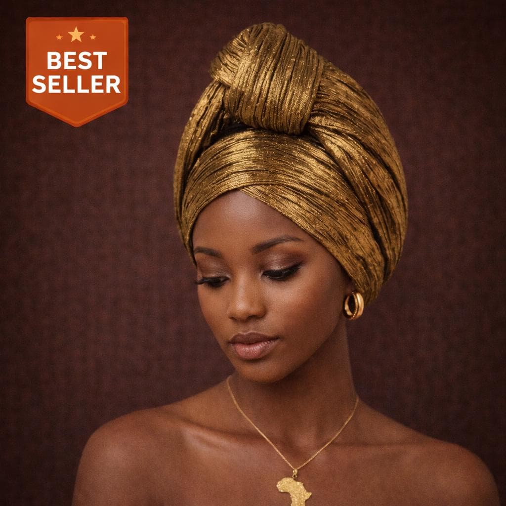 Shiny Gold Knotted Turban for Women - Wedding Headtie - Pre Tied African Head Wrap 56-58cm