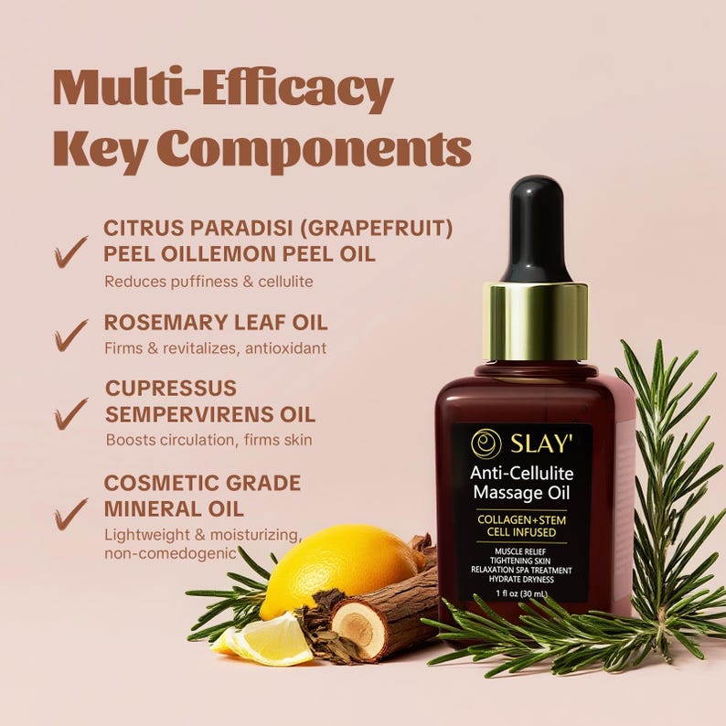 Puede incluir: Una botella marr&oacute;n de aceite de masaje anticelul&iacute;tico Slay con un cuentagotas negro y detalles dorados. La etiqueta enumera los componentes y beneficios clave, incluida la infusi&oacute;n de col&aacute;geno y c&eacute;lulas madre. Un lim&oacute;n, madera y ramitas de romero est&aacute;n dispuestas alrededor de la botella.